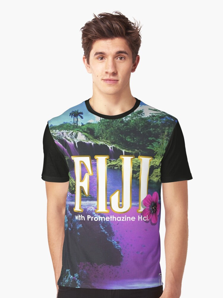 Vaporwave-inspired purple graphic t-shirt featuring a landscape design - Men