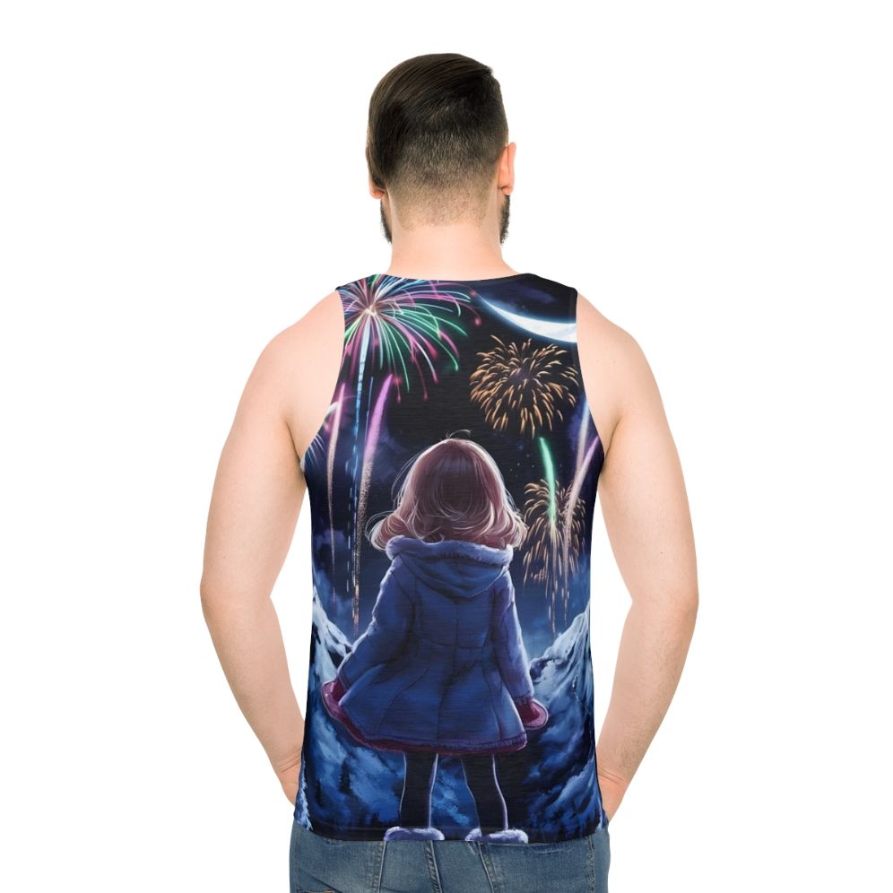 Anime unisex tank top with colorful fireworks and fantasy scenery - men back