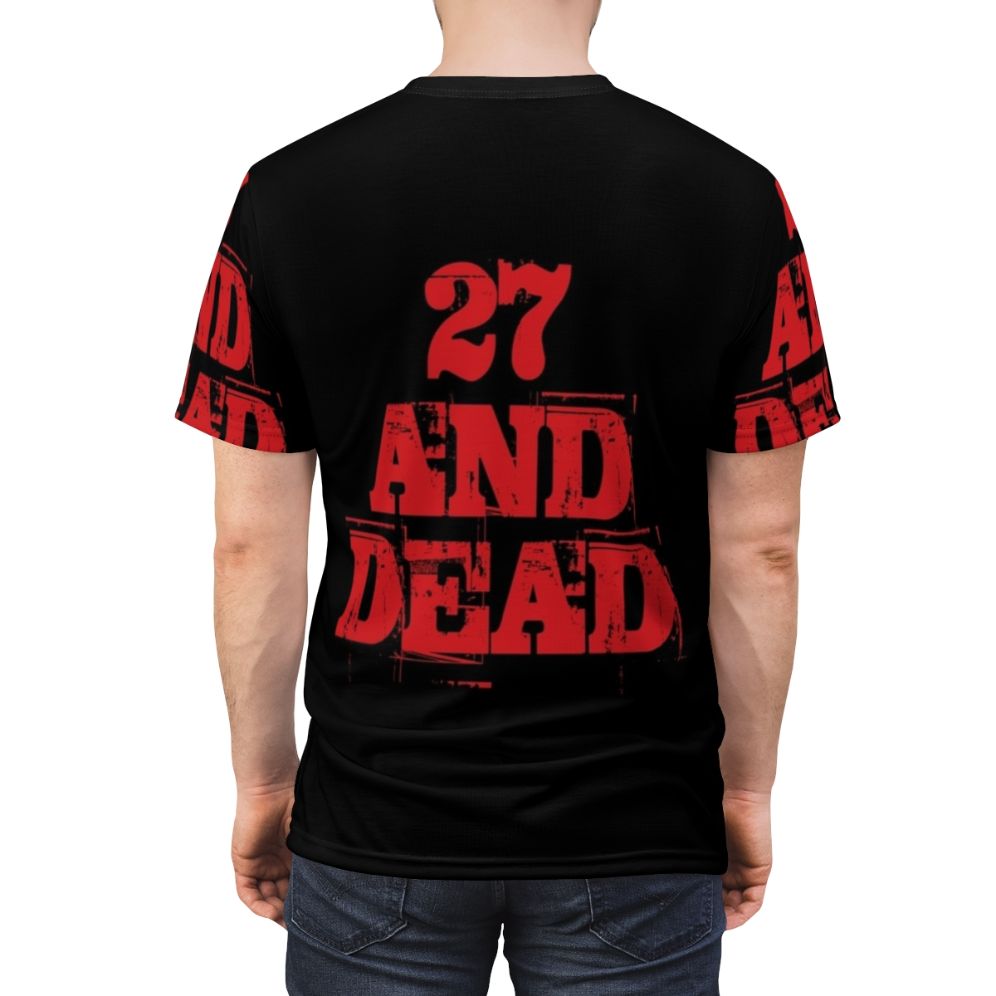 Retro t-shirt design featuring the text "27 And Dead" with a zombie-inspired graphic. - men back