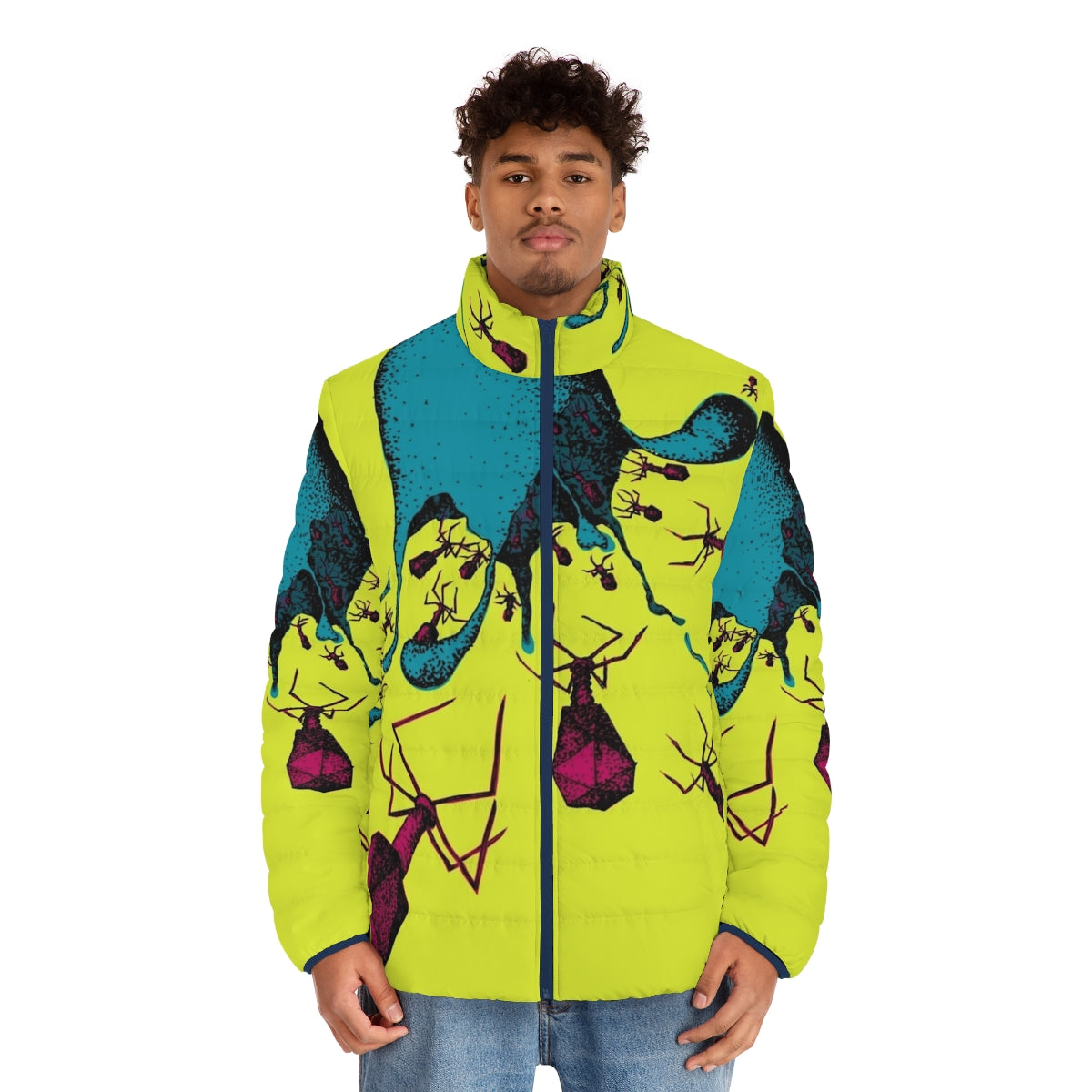 Colorful puffer jacket featuring lysis and bacteriophage artwork - men front