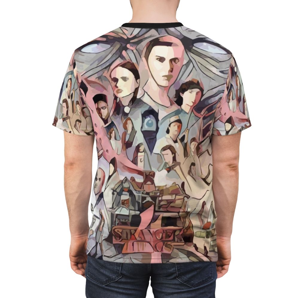 Retro Stranger Things inspired t-shirt design featuring Eleven and other characters - men back