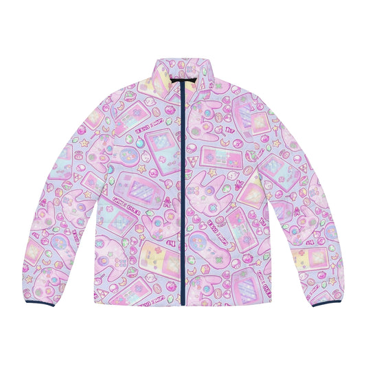 Retro Nintendo-inspired puffer jacket with pastel colors and cute video game graphics