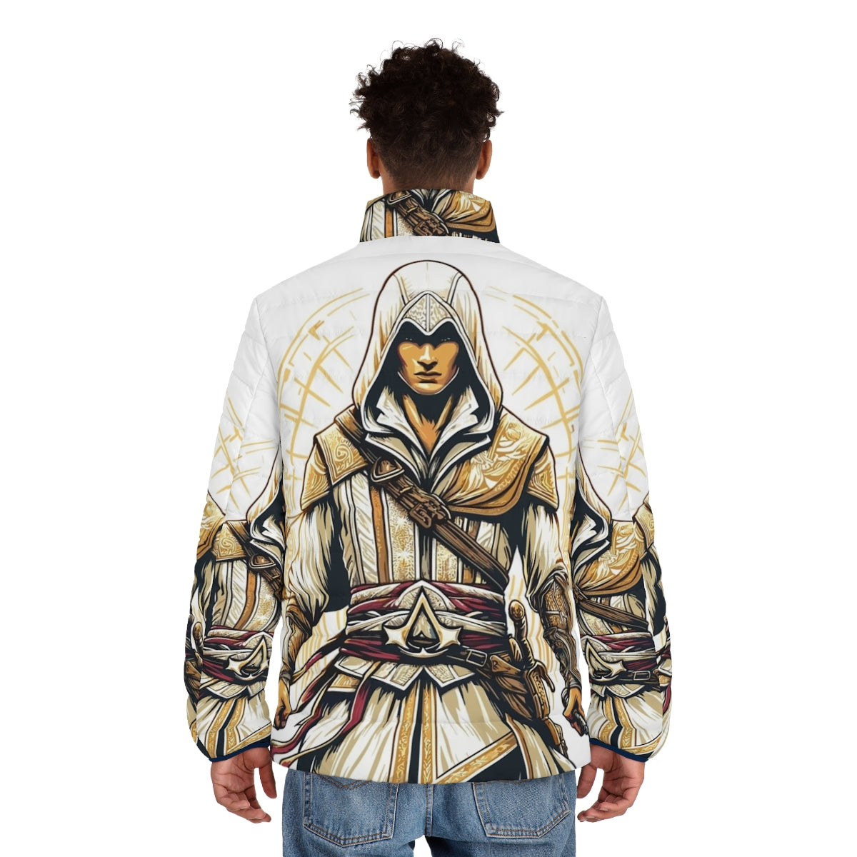 Assassin's Creed inspired puffer jacket with bright colors and historical motifs - men back