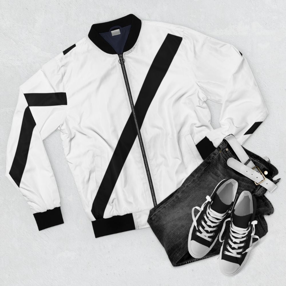 A stylish bomber jacket featuring a safety belt design to avoid fines for not wearing a car seat belt. - Flat lay