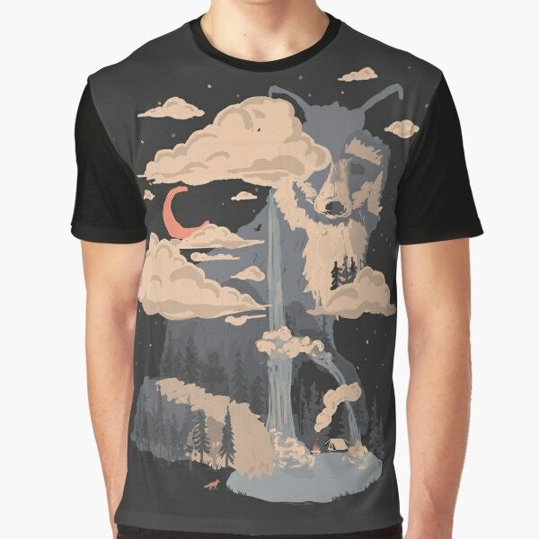 Graphic t-shirt design featuring a scenic nature landscape with a waterfall, pond, and fox in the mountains