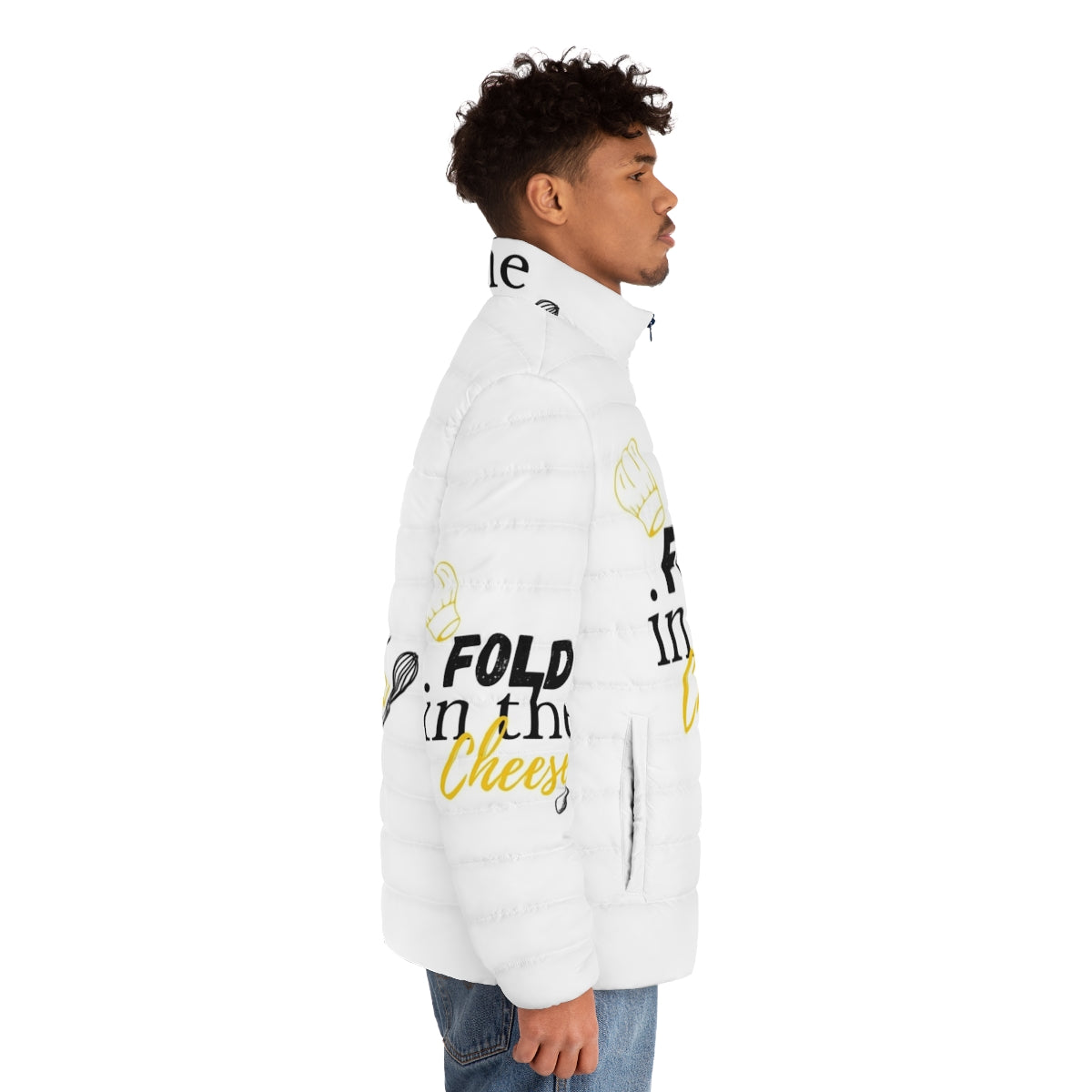 Schitt's Creek "Fold In The Cheese" Quotes Puffer Jacket - men side right