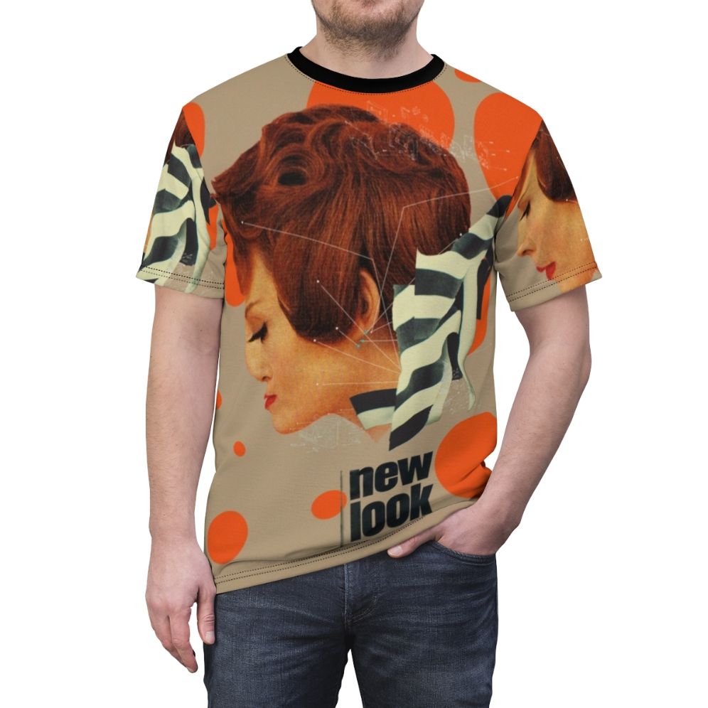 A stylish vintage-inspired geometric pop art aop t-shirt featuring a portrait of a woman with ginger hair. - men front