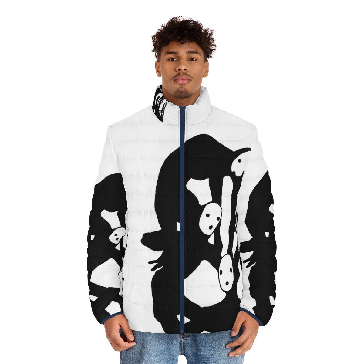 A black and white puffer jacket featuring the Tragedian character from the Pathologic video game. - men front