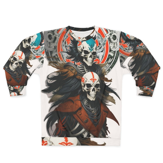 Dark fantasy skeleton warrior design on a sweatshirt