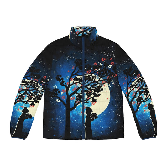 Tranquility puffer jacket with cherry blossom, forest, and night sky design