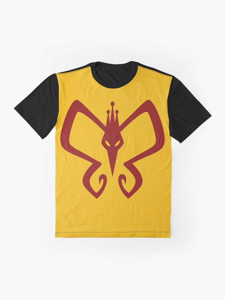 A graphic t-shirt featuring a monarch butterfly design - Flat lay