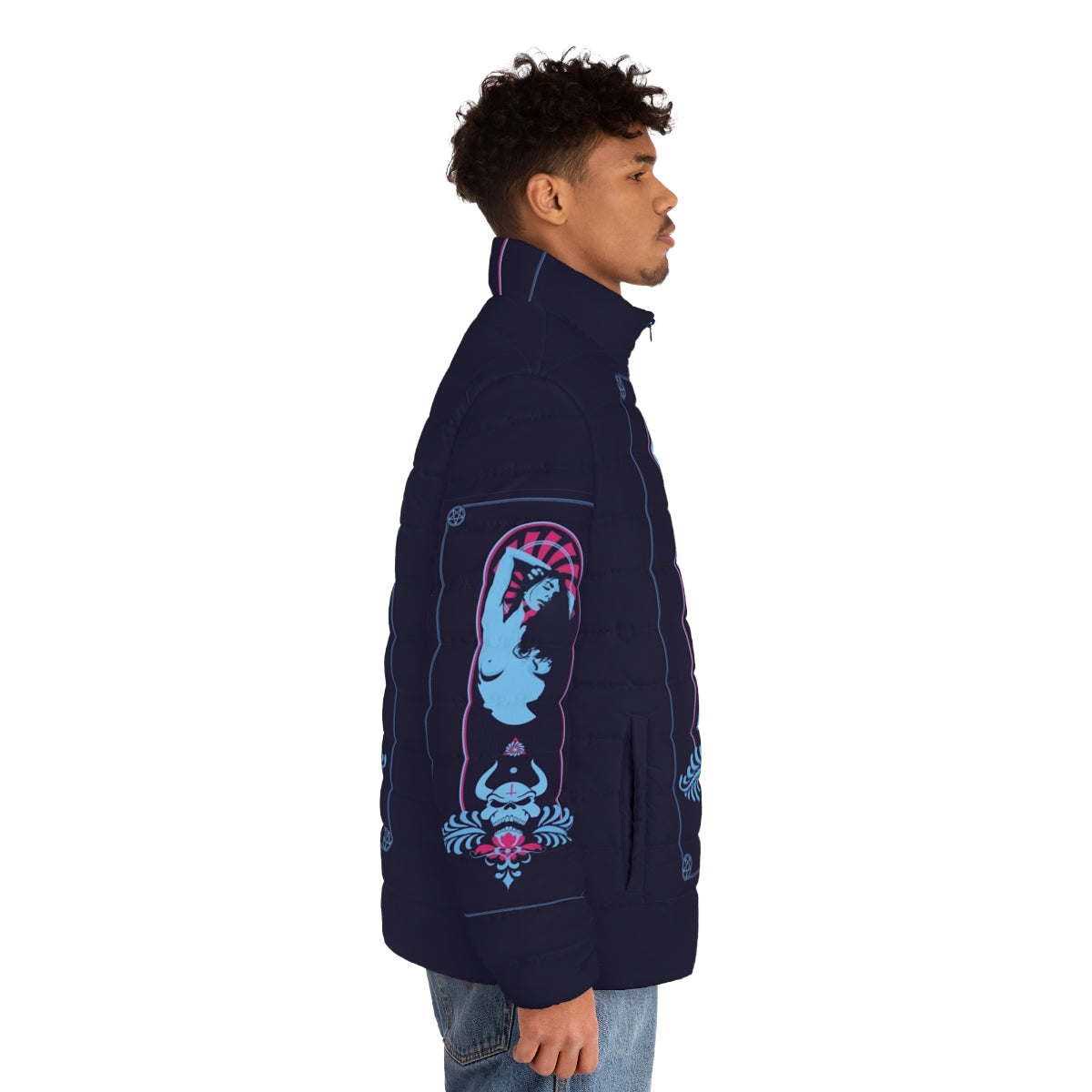 Satanic puffer jacket with occult and esoteric imagery - men side right