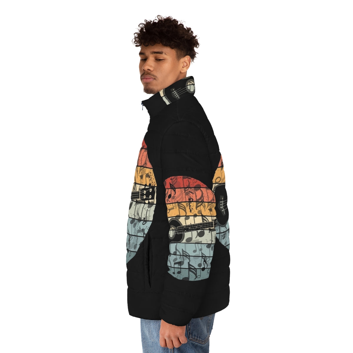 Retro puffer jacket with a ukulele player design - men side left