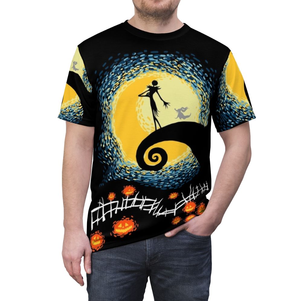 Starry Nightmare AOP T-Shirt featuring a surreal, dark fantasy design with Jack Skellington from The Nightmare Before Christmas - men front