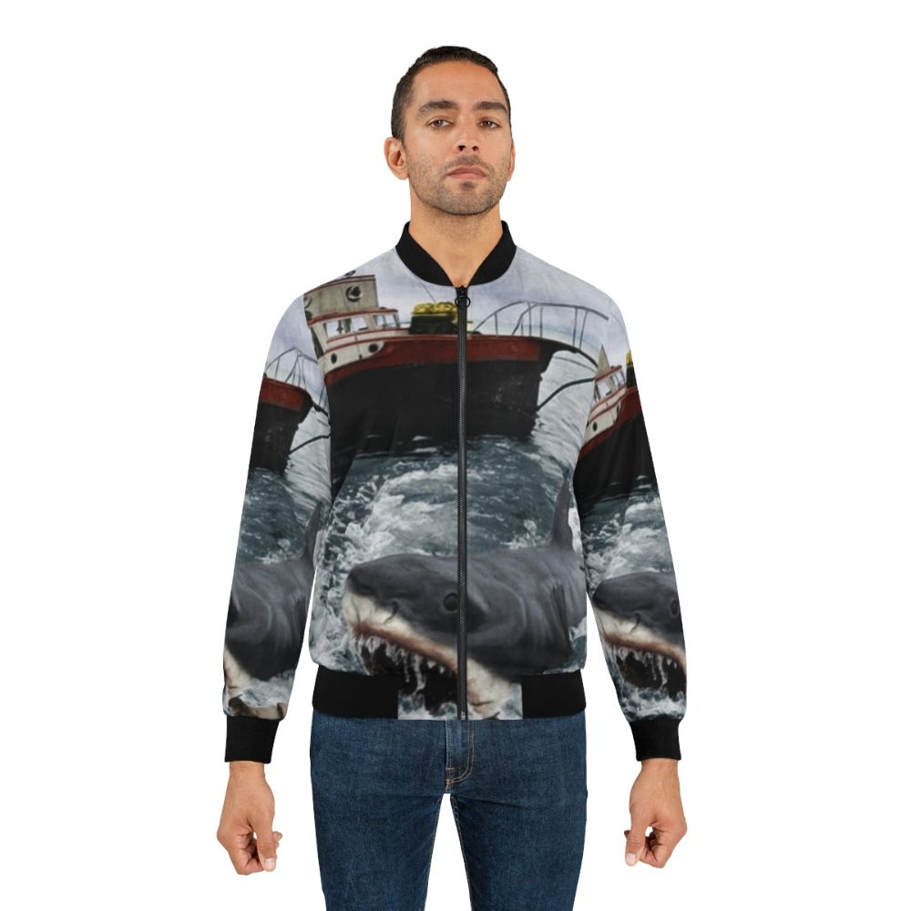 Jaws Shark Bomber Jacket, featuring a vintage, recolored photo of the iconic movie "Jaws" - Lifestyle