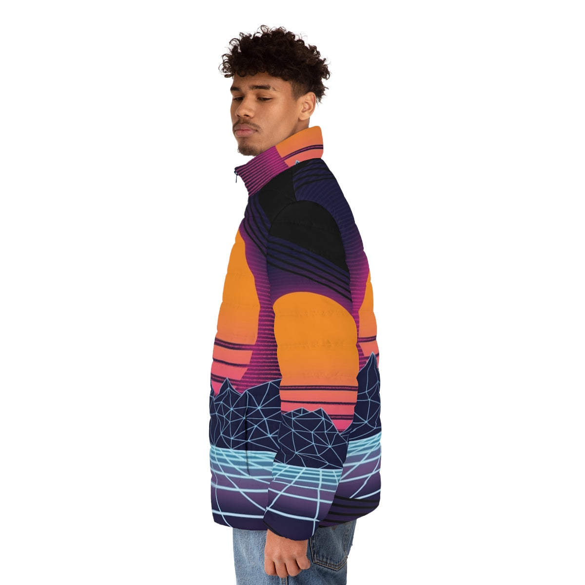 Outrun sunset puffer jacket with retro 80s cyberpunk aesthetic - men side left