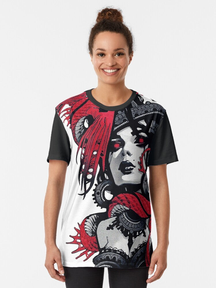 Vibrant graphic t-shirt with vaporwave and cyberpunk inspired design, featuring futuristic elements like robots, glitches, and neon colors. - Women