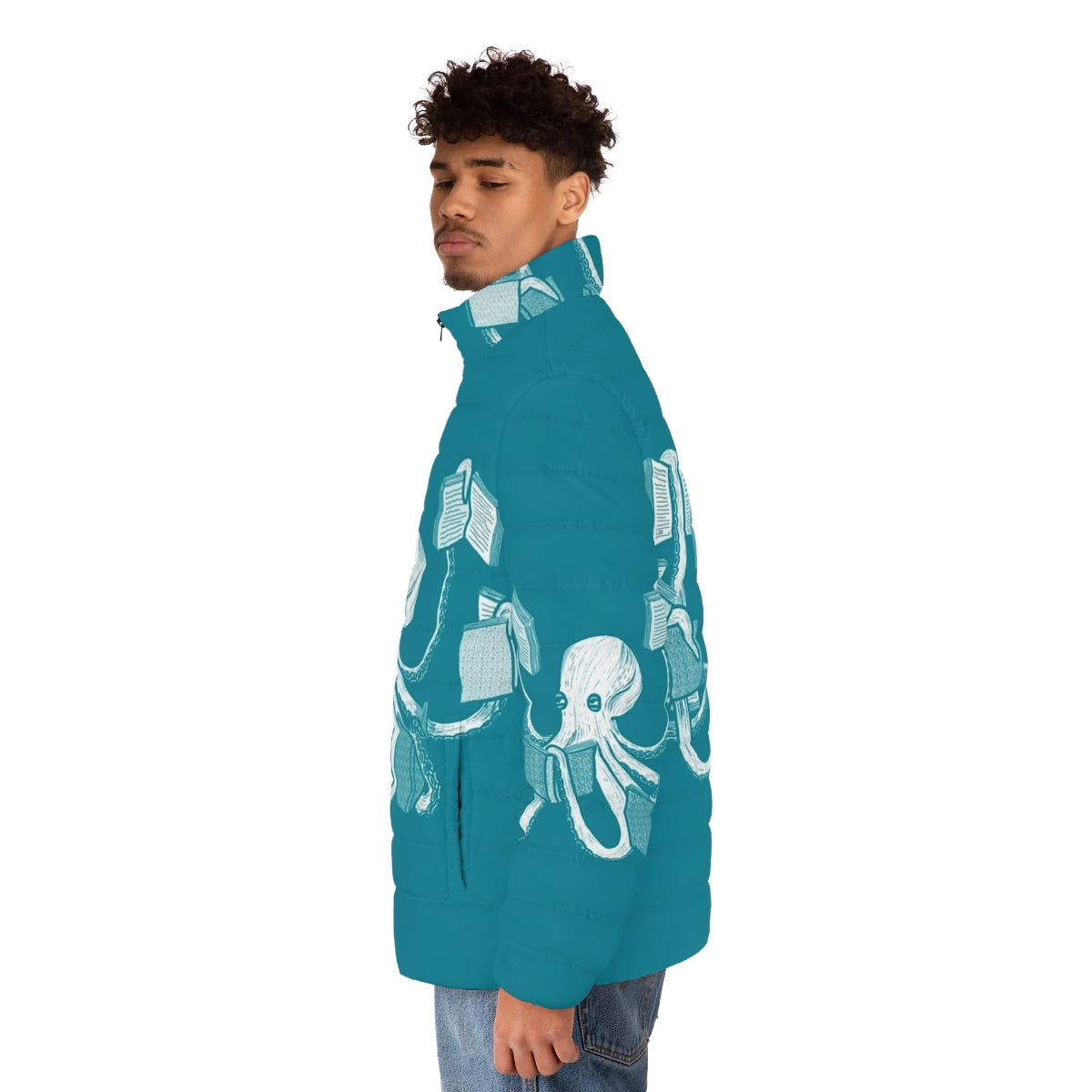 Puffer jacket with an octopus, squid, and book graphic design for book lovers - men side left