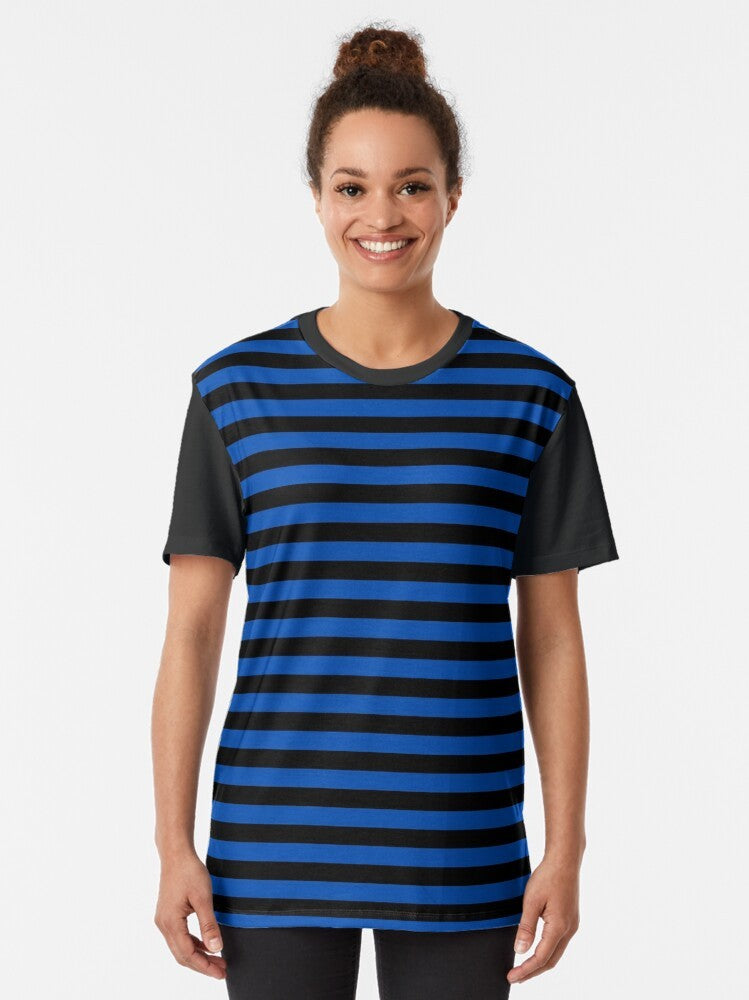 Cobalt blue and black horizontal stripes graphic t-shirt - Women