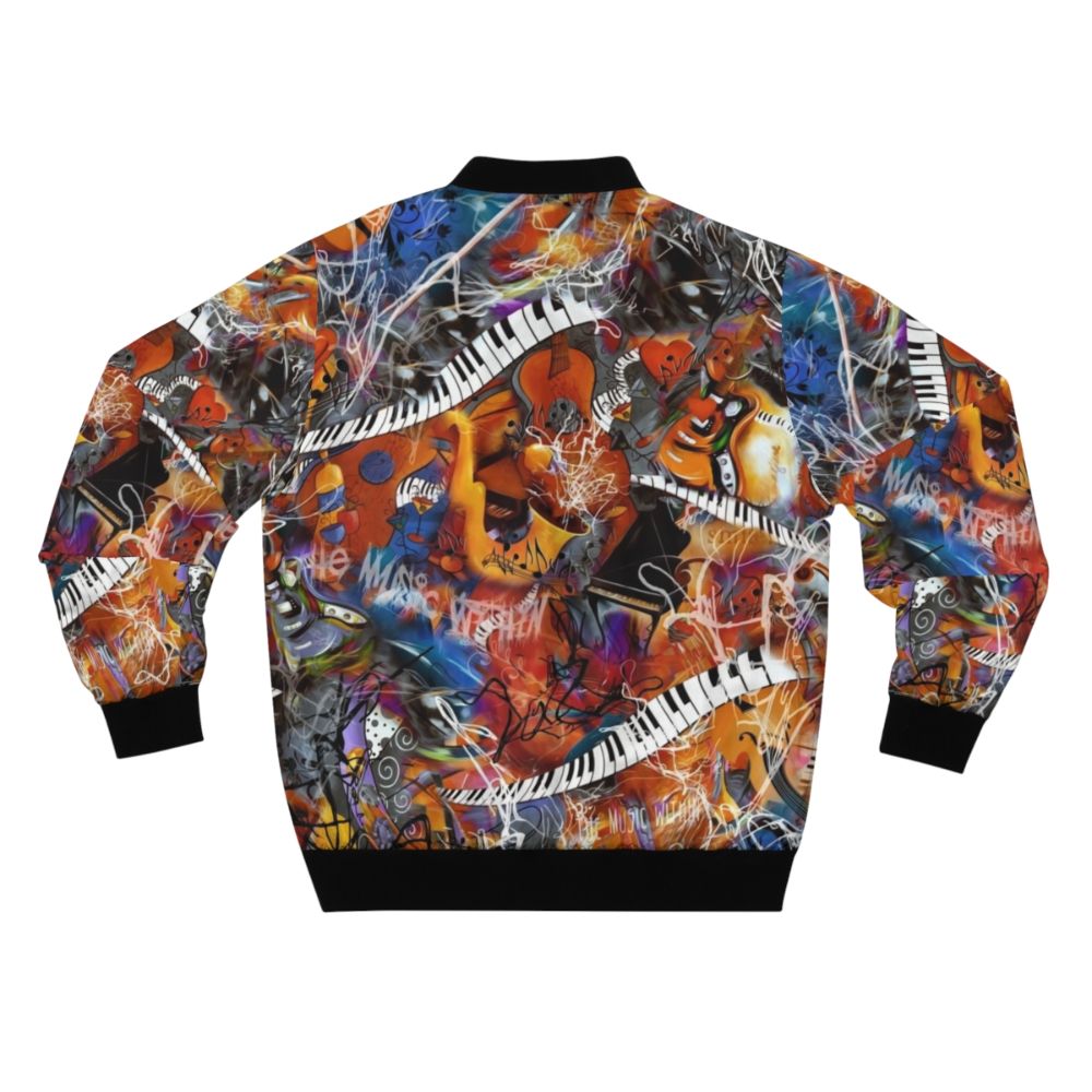 Abstract musical instruments scribble pattern on a black bomber jacket - Back