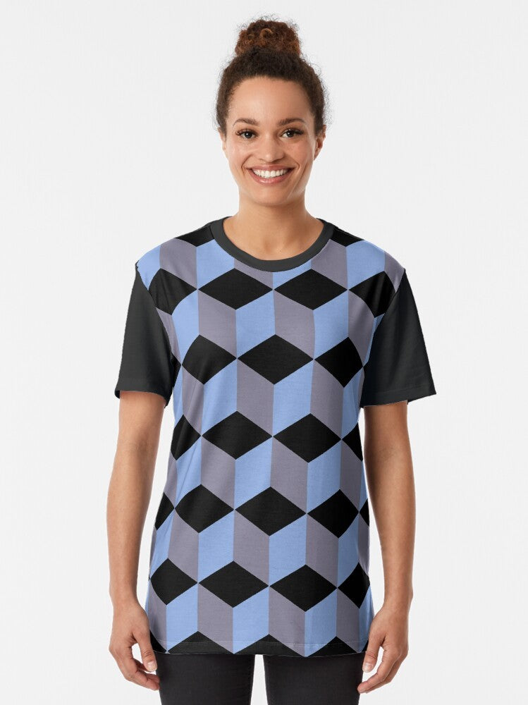 Isometric geometric art graphic t-shirt with blue, lilac, and black isometric cube pattern - Women