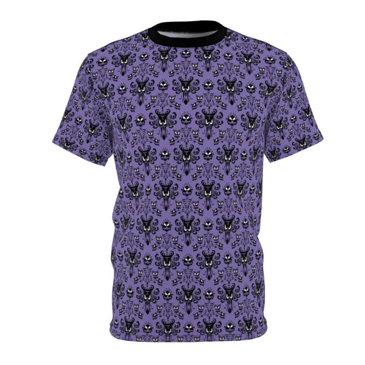 Haunted mansion wallpaper inspired all-over-print t-shirt with a gothic, spooky design