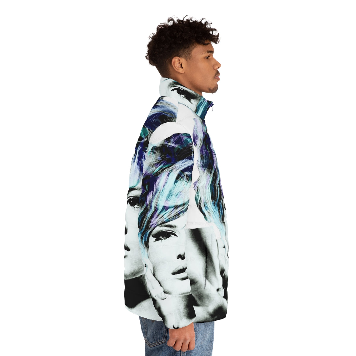 Monica Vitti inspired pop art puffer jacket in blue and purple - men side right