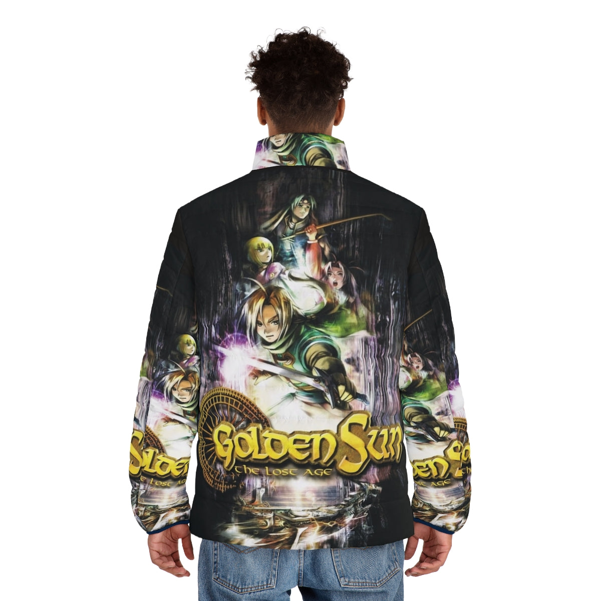 Golden Sun: The Lost Age inspired puffer jacket featuring the iconic imagery from the classic Nintendo RPG - men back