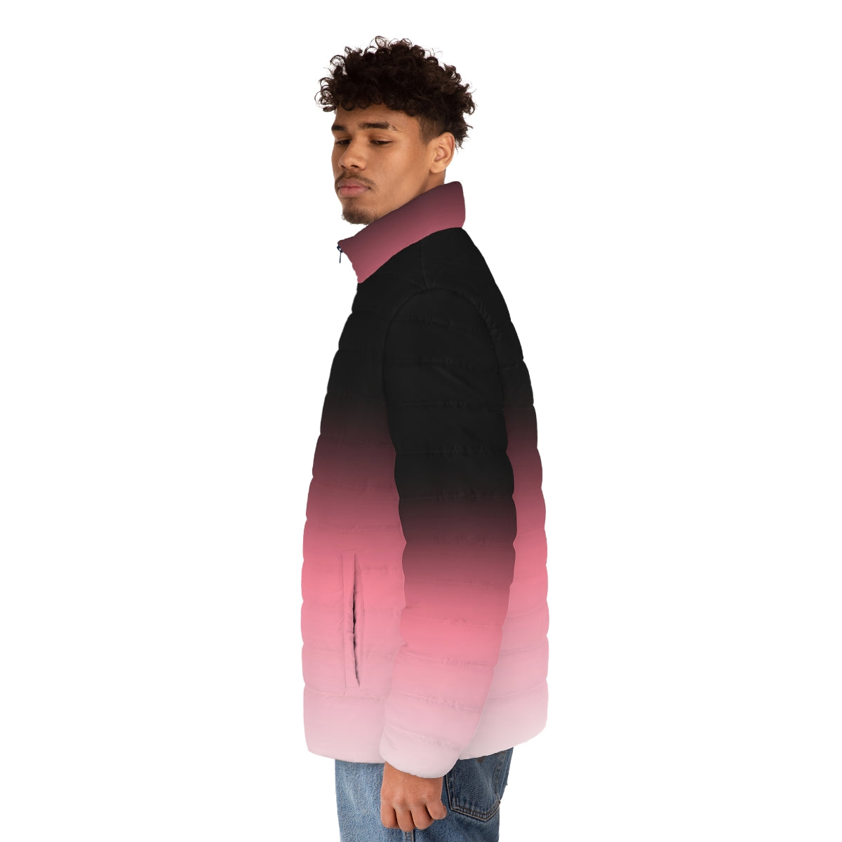 Ombre dip dye puffer jacket in black, pink, and white colors - men side left