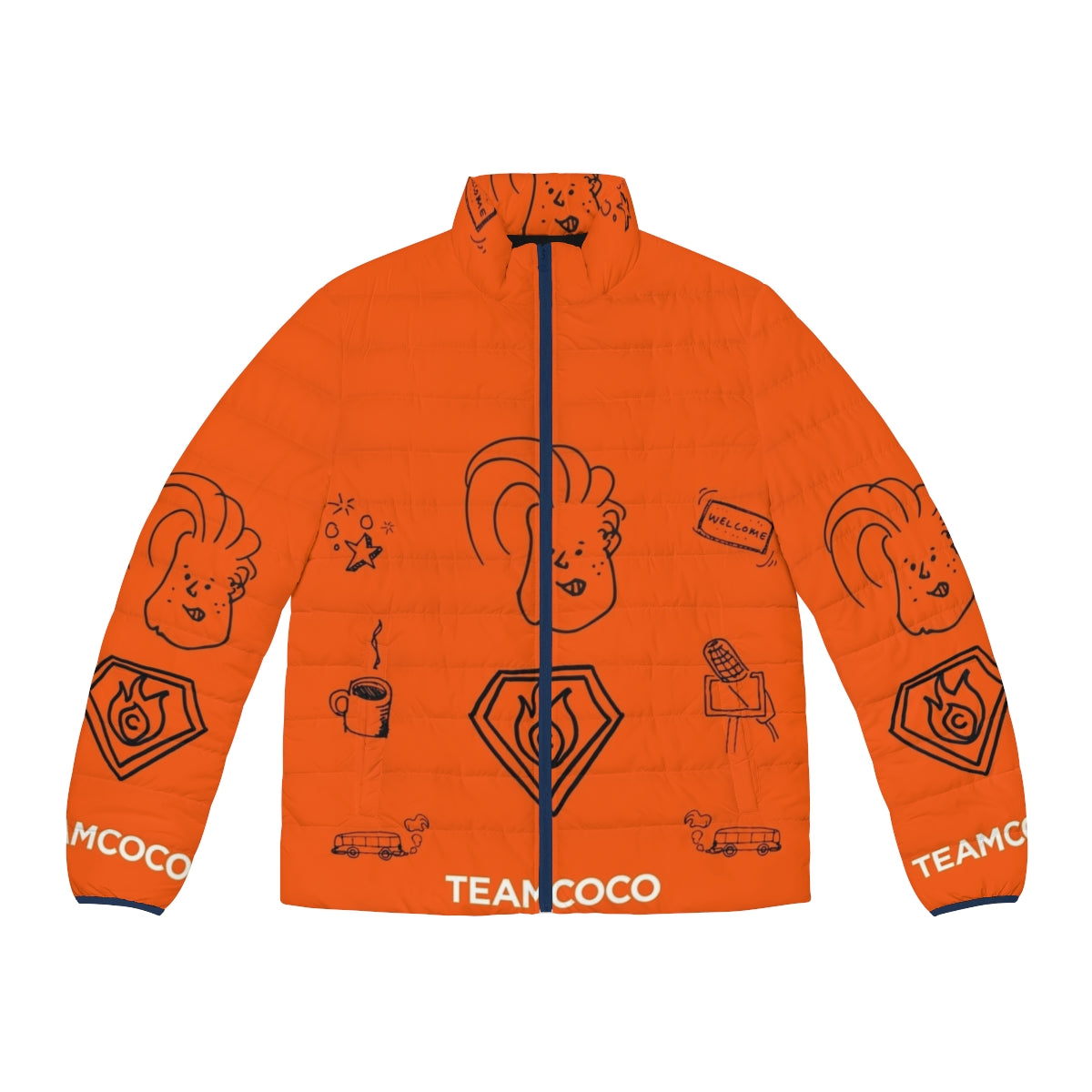 Team Coco Doodle World Puffer Jacket featuring Conan O'Brien's iconic brand