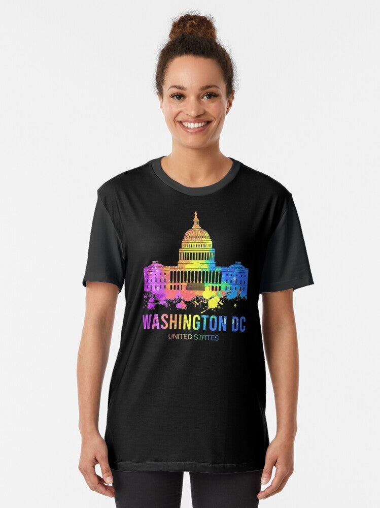 Watercolor painting of the Washington DC skyline, featuring the US Capitol building and other iconic landmarks, on a graphic t-shirt. - Women