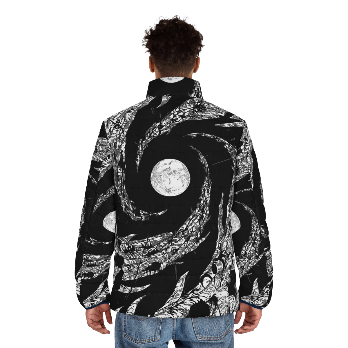 Dark Moon Puffer Jacket with Nature, Anime, and Japanese Inspired Designs - men back