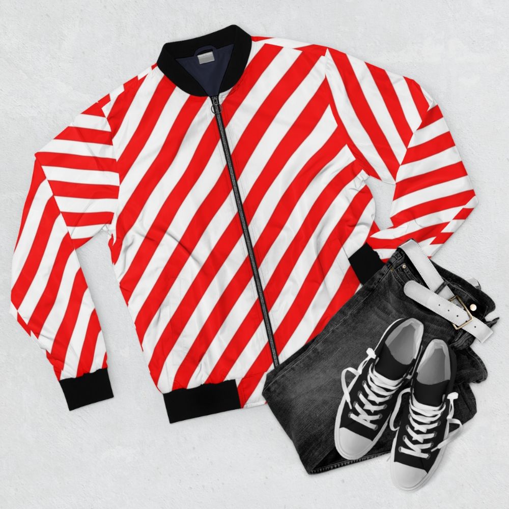 Red and white diagonal stripes bomber jacket with a pattern design - Flat lay