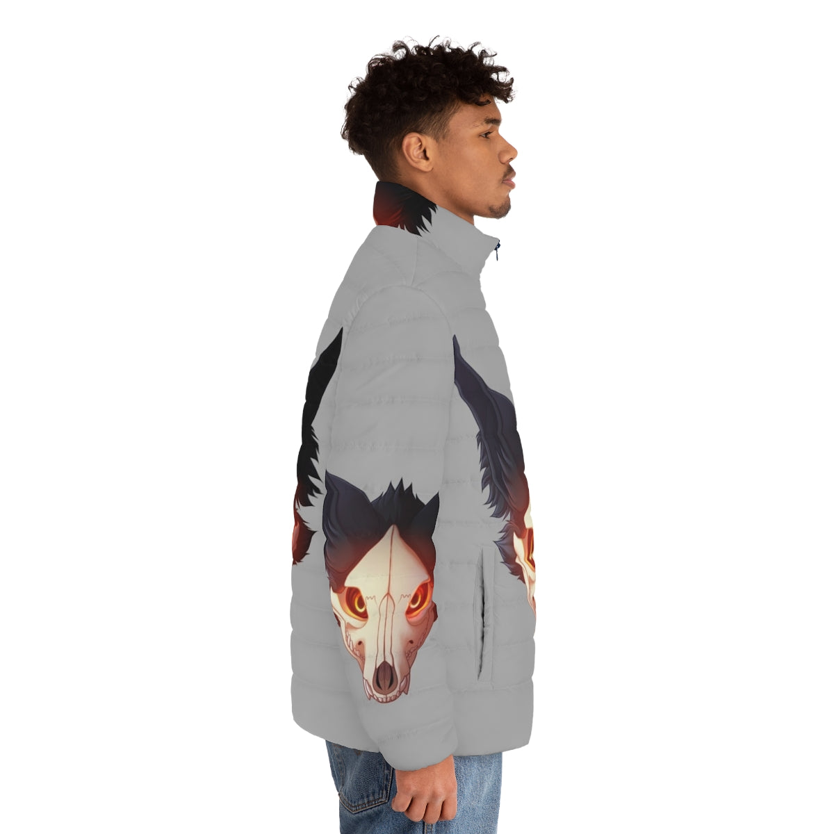 Cadaver puffer jacket with furry details, skull and wolf design - men side right