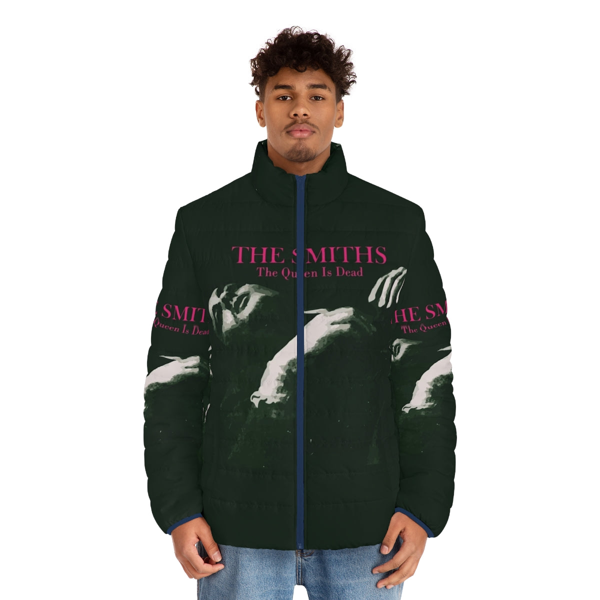 Graphic puffer jacket featuring The Smiths "The Queen Is Dead" album cover art - men front