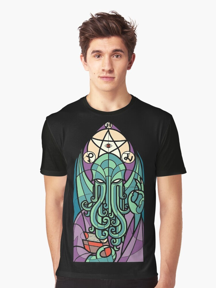 Cthulhu cosmic horror graphic t-shirt design featuring H.P. Lovecraft Cthulhu mythos elements like tentacles, cephalopod, and occult symbols - Men