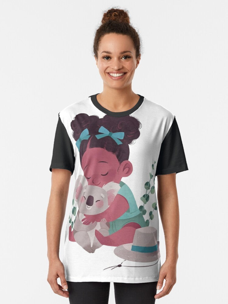 Cute graphic of a koala bear hugging on a t-shirt - Women