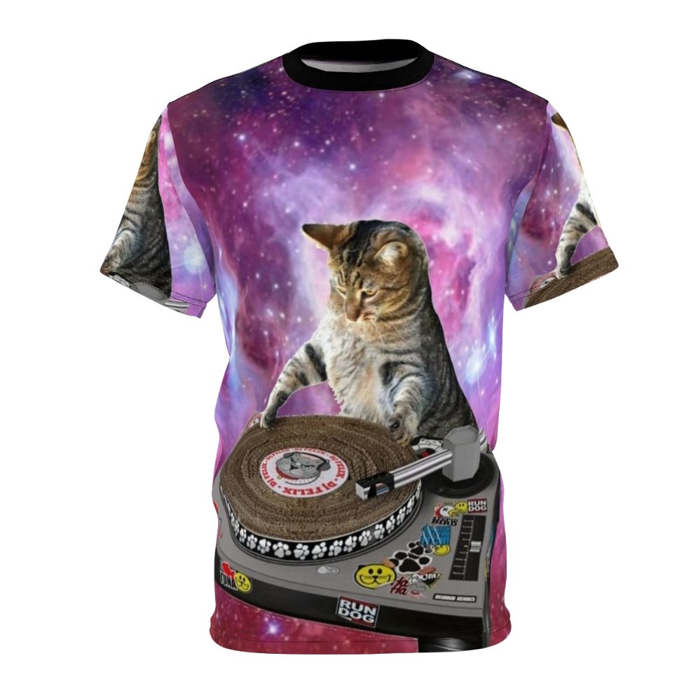 Cosmic cat graphic design on a t-shirt, featuring a DJ spacecat with a turntable in a galaxy background