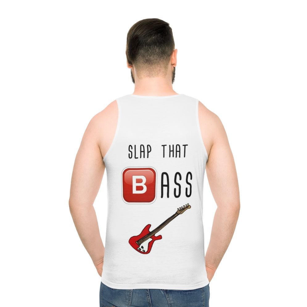 Unisex tank top with "Slap That Bass" design and impossible bassline theme - men back