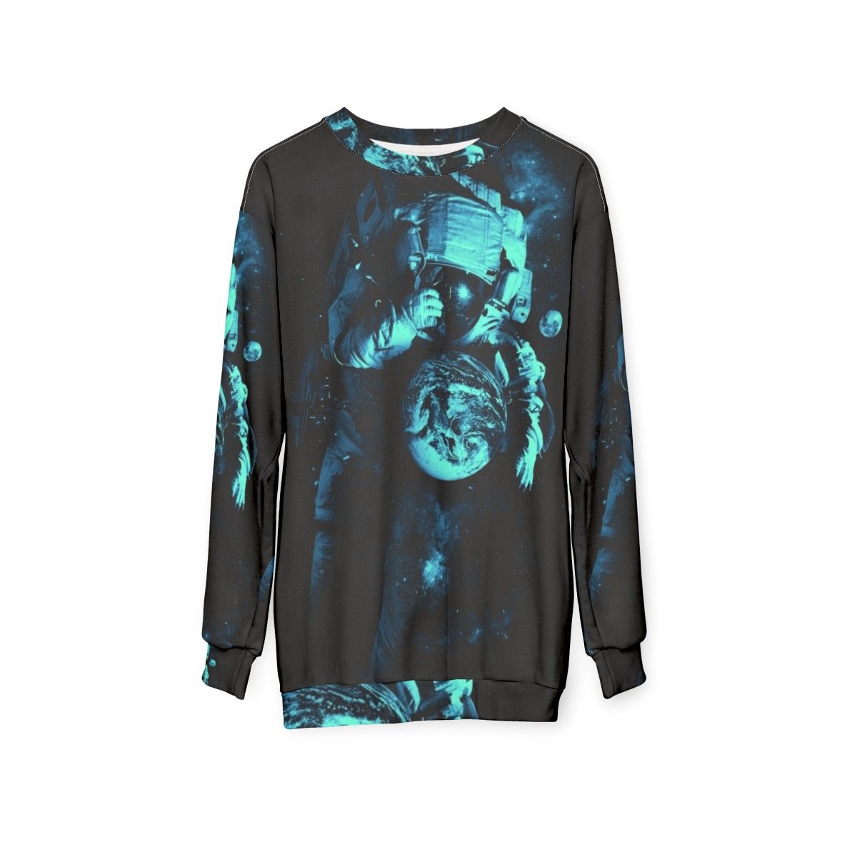 Cosmic intergalactic sweatshirt featuring surreal outer space design - hanging