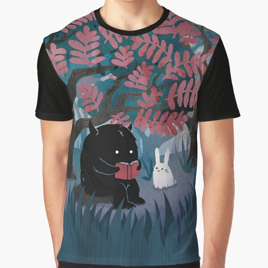 Illustration of a cute monster and bunny reading a book in a peaceful forest, featuring the text "Quiet Spot Graphic T-Shirt".