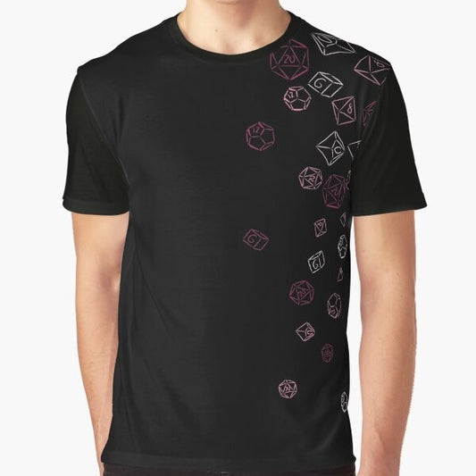 Cascading pink dice graphic design on a t-shirt for gamers