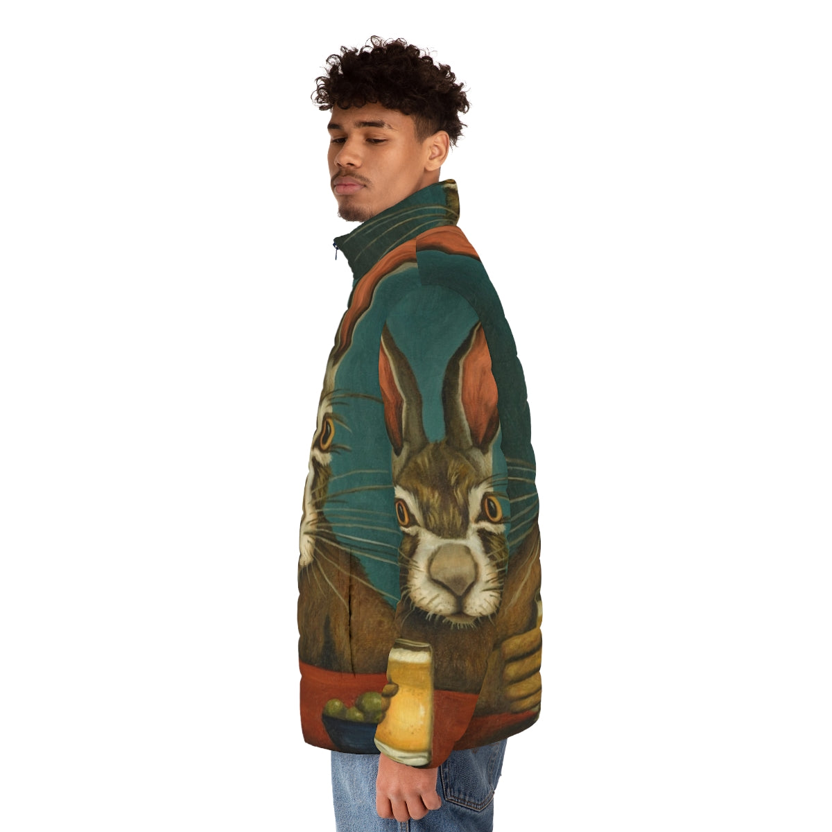 Puffer jacket with a bunny hopping design for a playful, humorous look - men side left