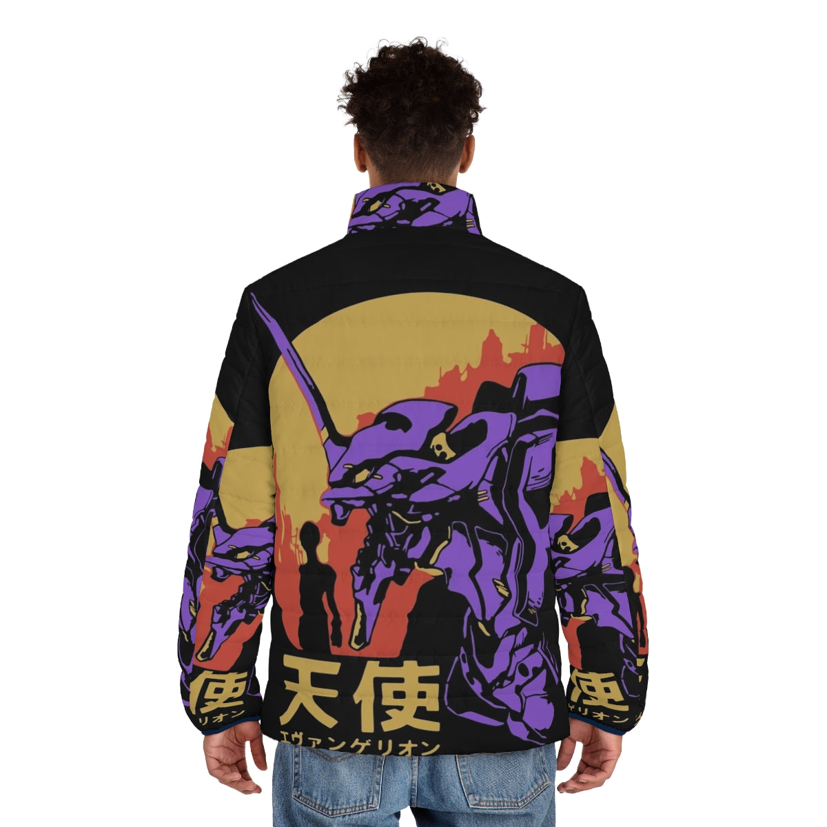 Neon Genesis Evangelion retro puffer jacket with Eva Unit 01 design - men back