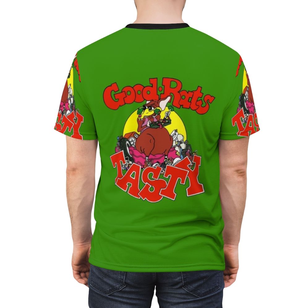 Stylized graphic design of a rat on a retro-inspired t-shirt for psychedelic music enthusiasts. - men back