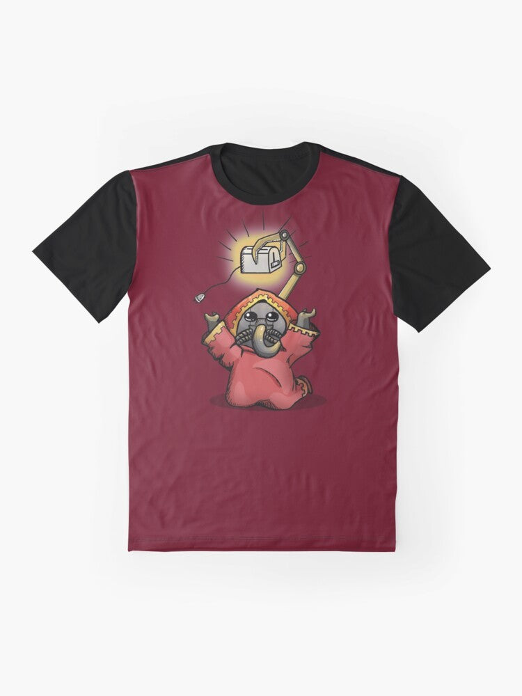 Toaster Priest graphic t-shirt featuring a cute and quirky design inspired by the Adeptus Mechanicus faction of Warhammer 40k. - Flat lay