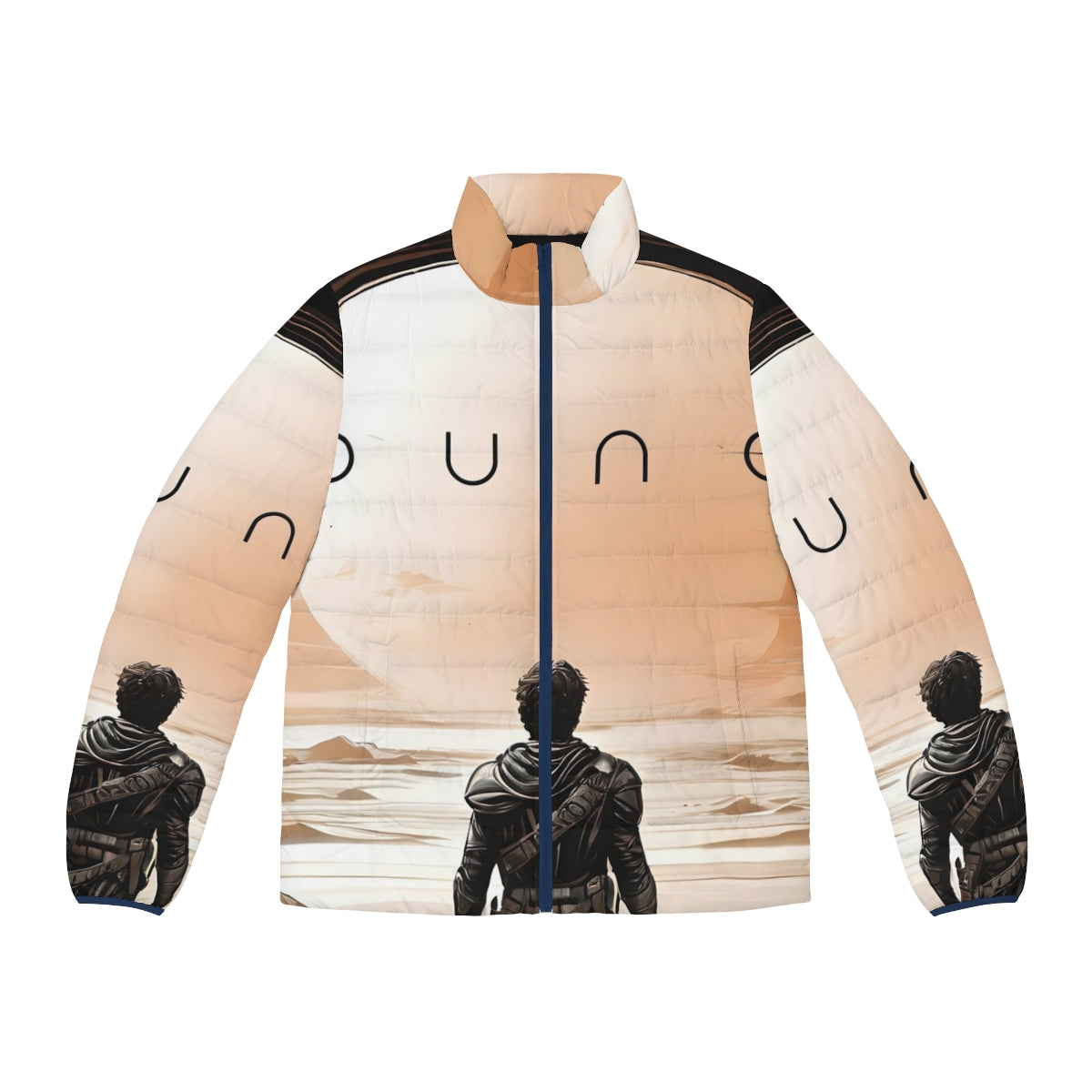 Dune Arrakis Desert Puffer Jacket featuring a sand worm and desert landscape