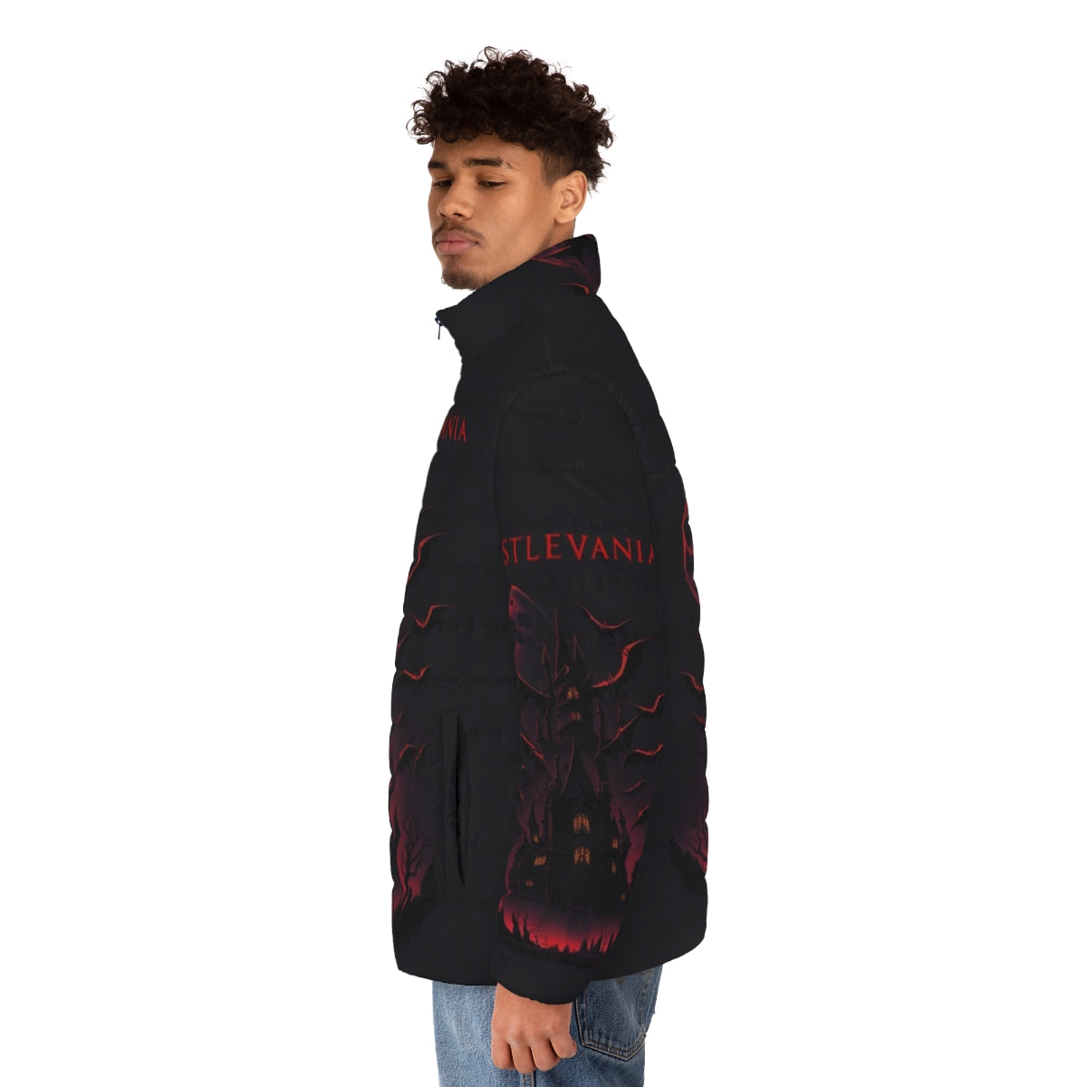 Castlevania inspired puffer jacket with Simon Belmont's iconic look - men side left