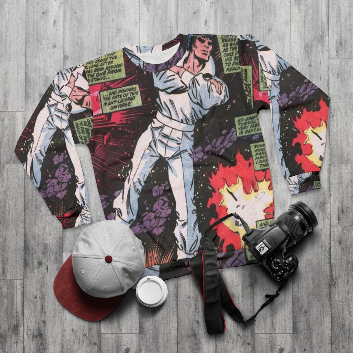 Comic book superhero Beyonder space themed sweatshirt - flat lay