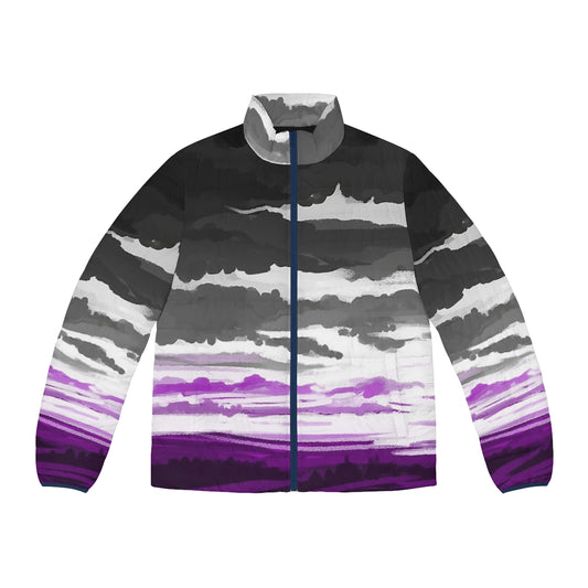 Vibrant asexual art flag printed on a cozy puffer jacket for LGBTQ pride and self-expression.